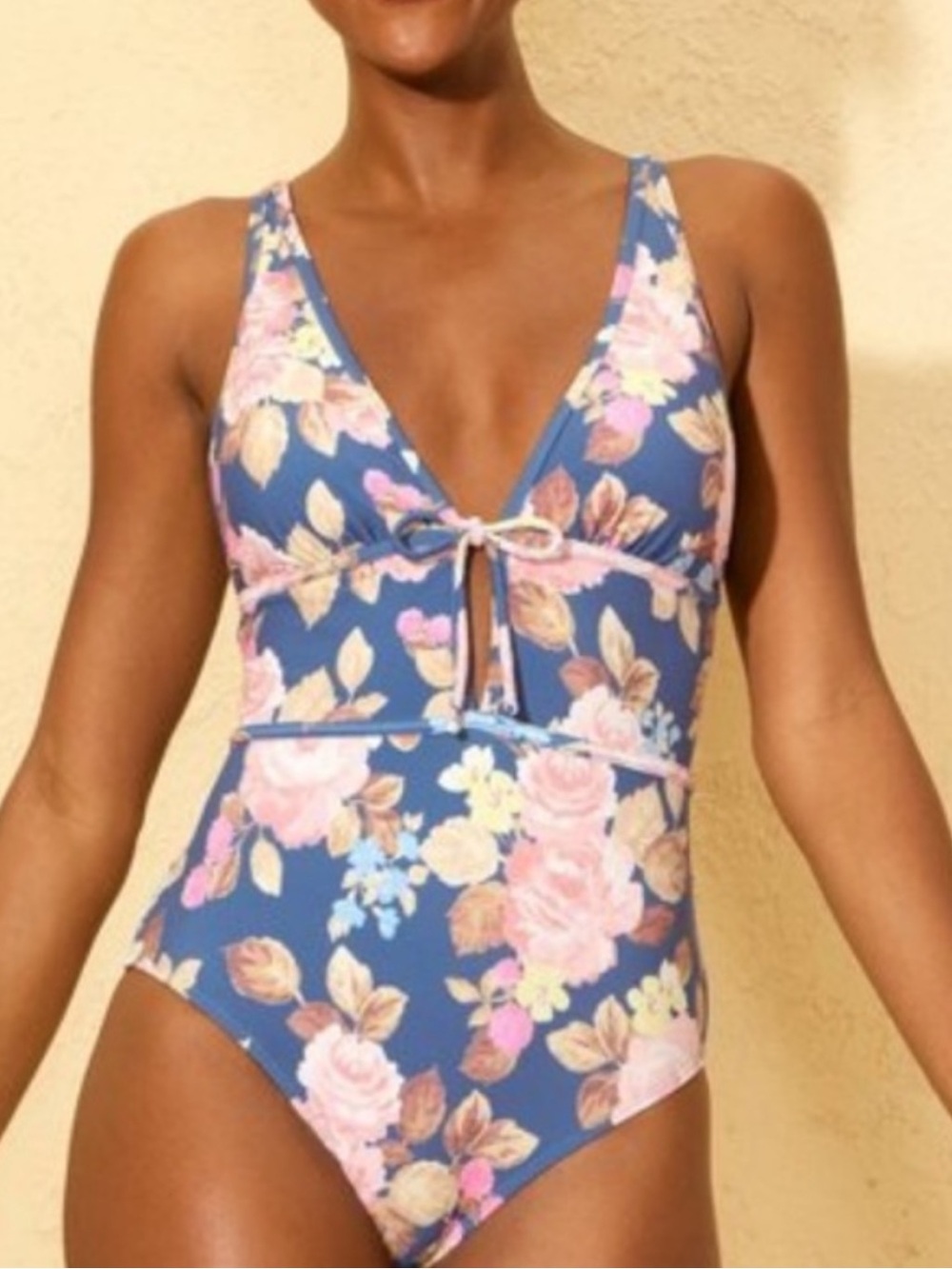 Shade & Shore NWT M blue pink floral low plunge cheeky one piece swimsuit